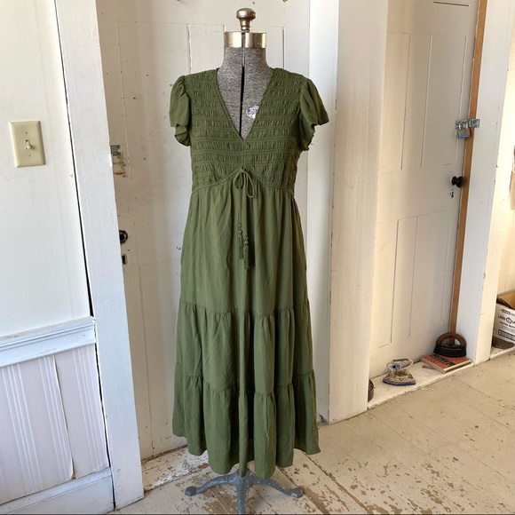 Taylor Olive Green Tiered Boho Dress - Picture 1 of 13